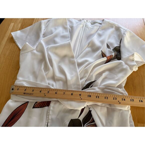 FEHAUTE White Leaf Short Sleeve Satin Wrap Sheath Midi Dress SZ 6 - Picture 9 of 11